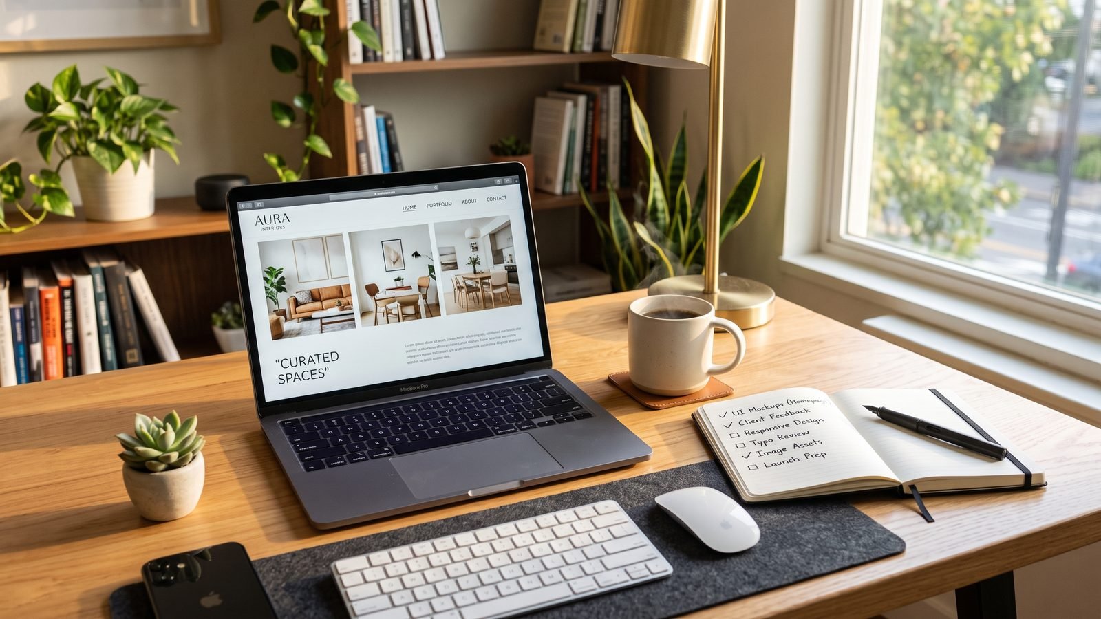 Web design workspace with project checklist