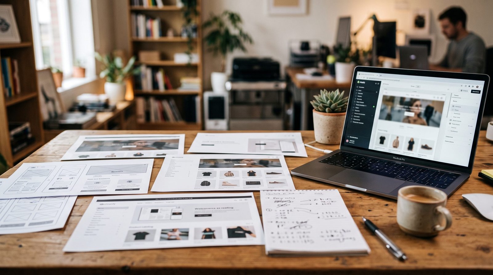 Desk with printed ecommerce website mockups and handwritten pricing notes