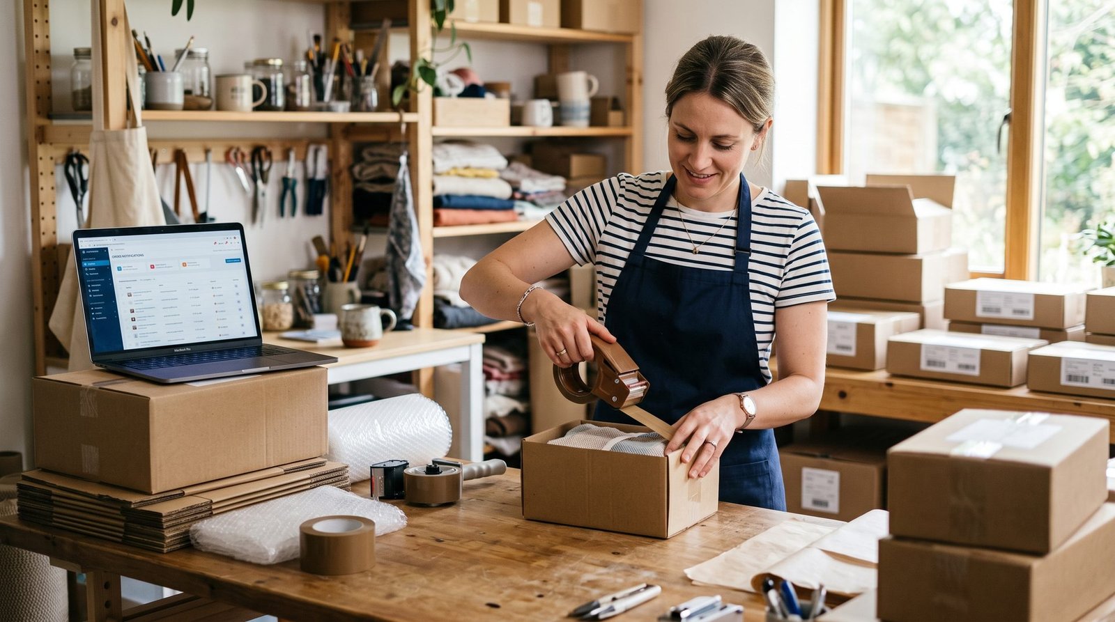 Small business owner packing shipping boxes for online orders at a work table