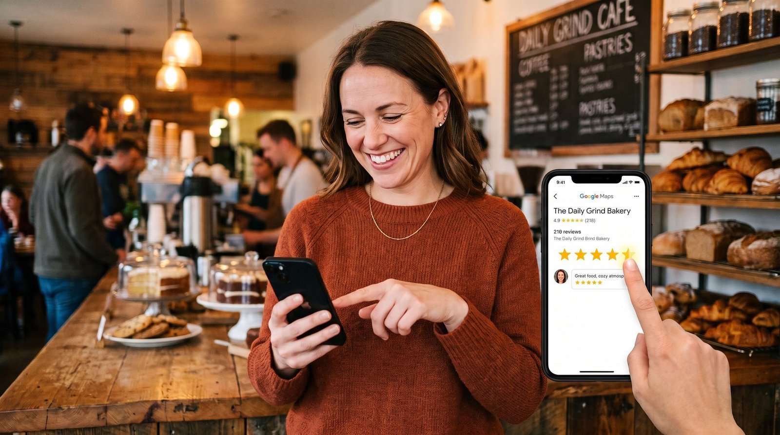 Happy customer leaving a five-star Google review on a phone
