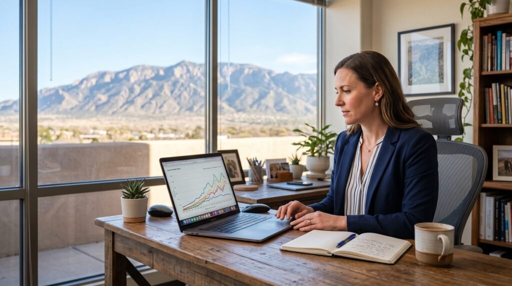 Business owner studying an SEO growth timeline chart on a laptop