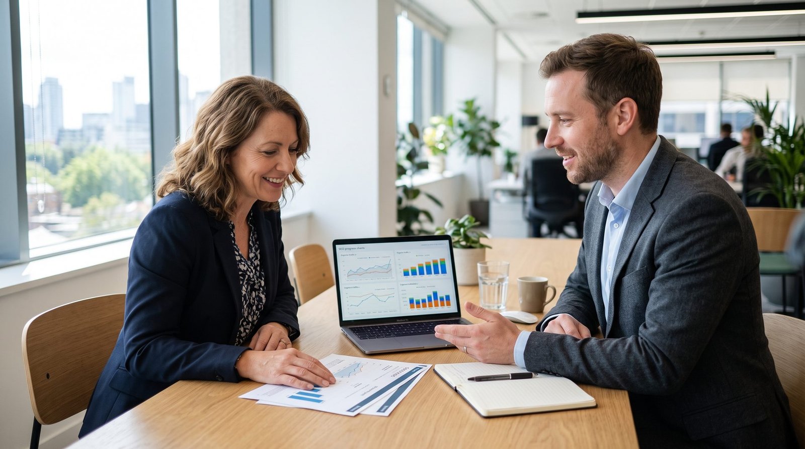 Business owner and consultant reviewing SEO progress reports across a desk