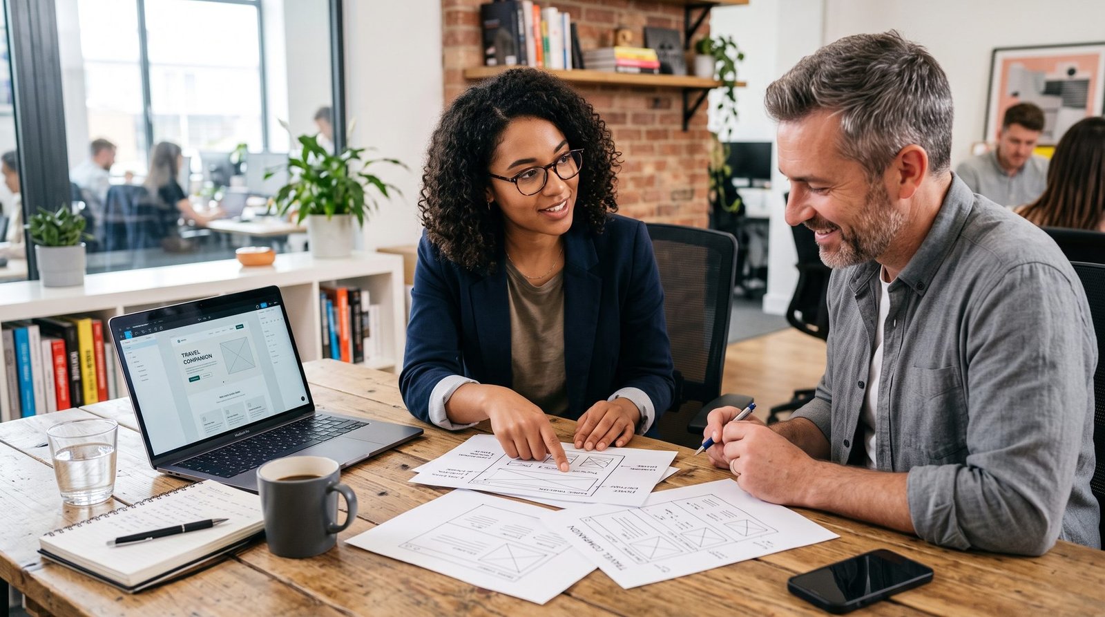 Web designer and client discussing website wireframes together
