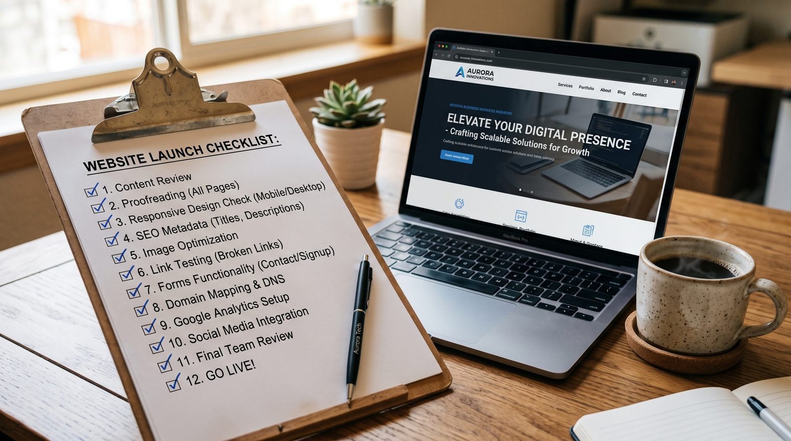 Website launch checklist with portfolio examples on a desk