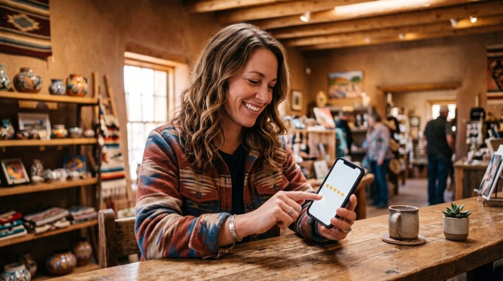 Smiling customer tapping a five-star rating on a smartphone inside a local shop