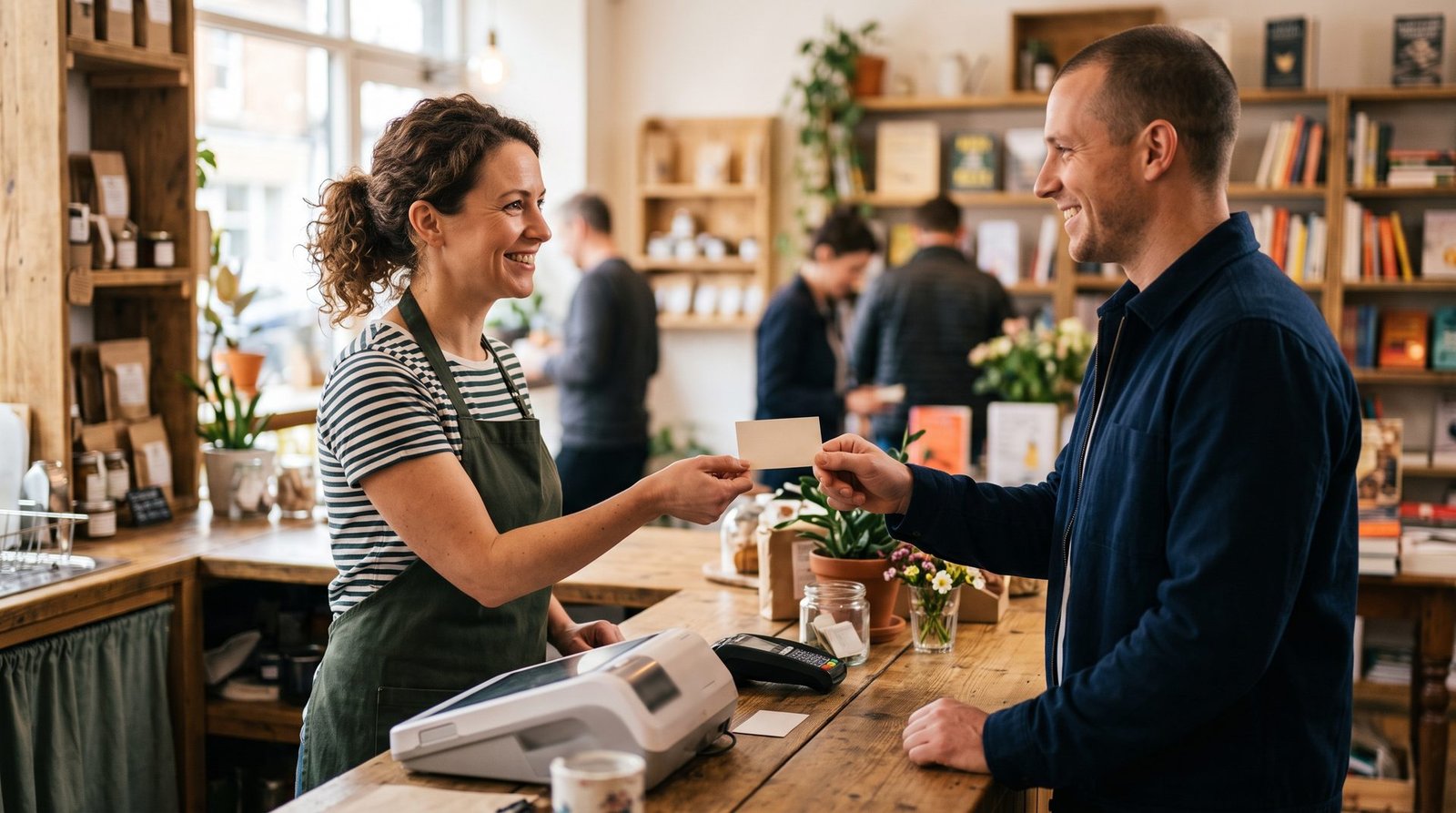 Friendly business owner handing a customer a review request card at a shop counter