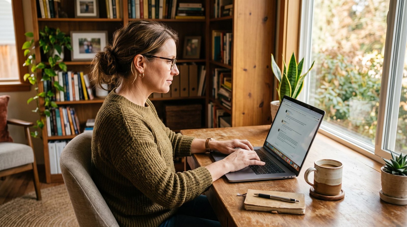Business owner thoughtfully responding to customer reviews on a laptop
