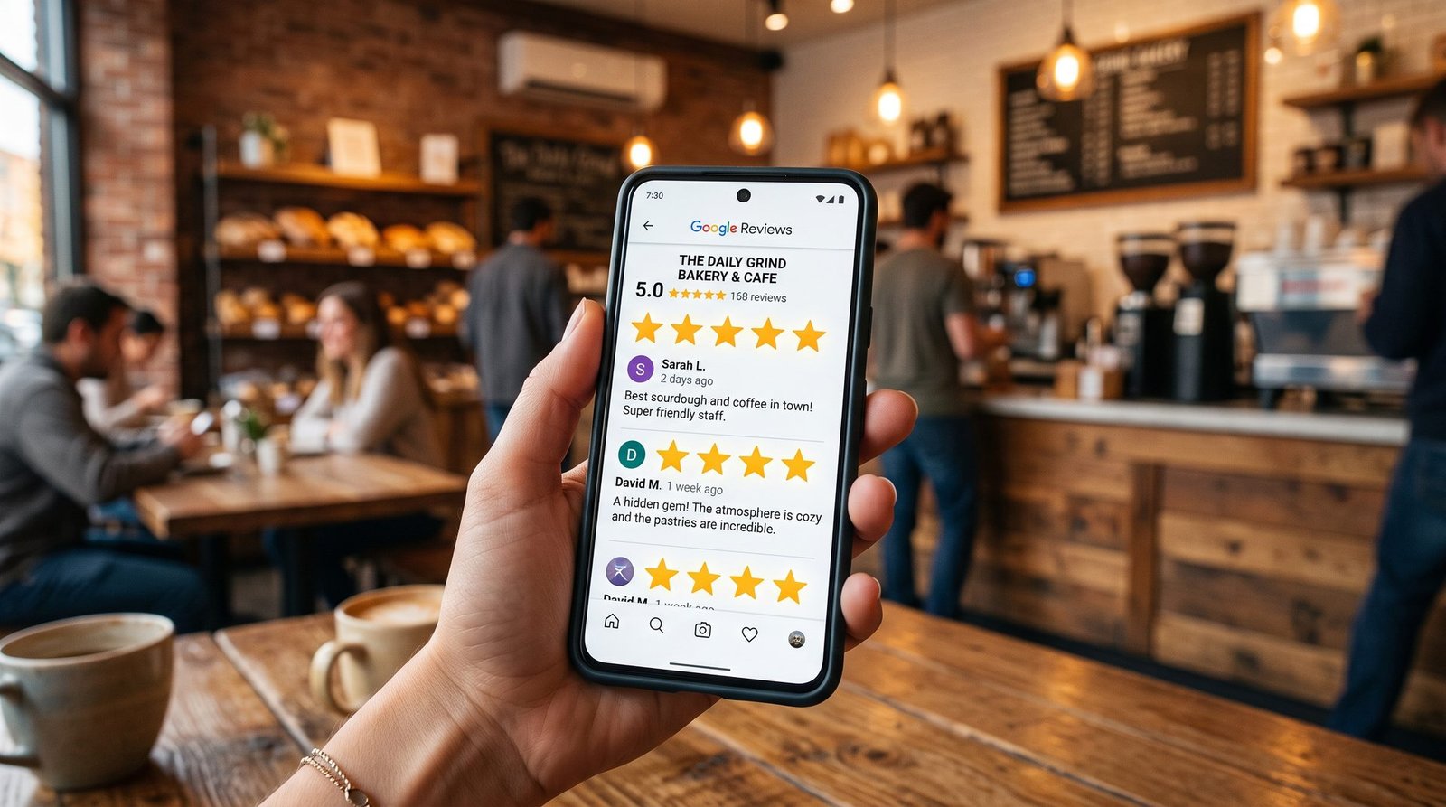 Five-star customer reviews displayed on a phone screen