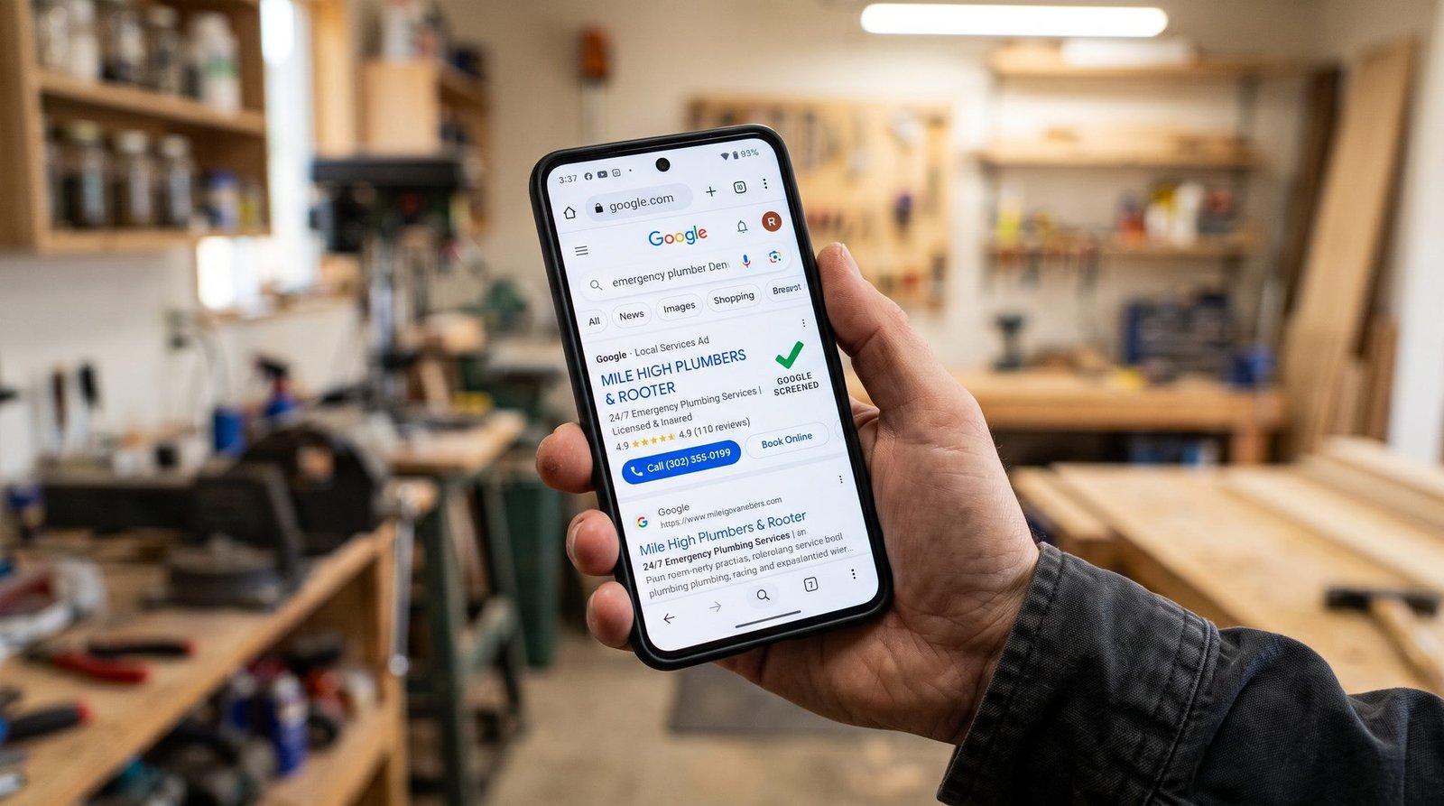 Google Verified badge on a Local Services Ad on a smartphone