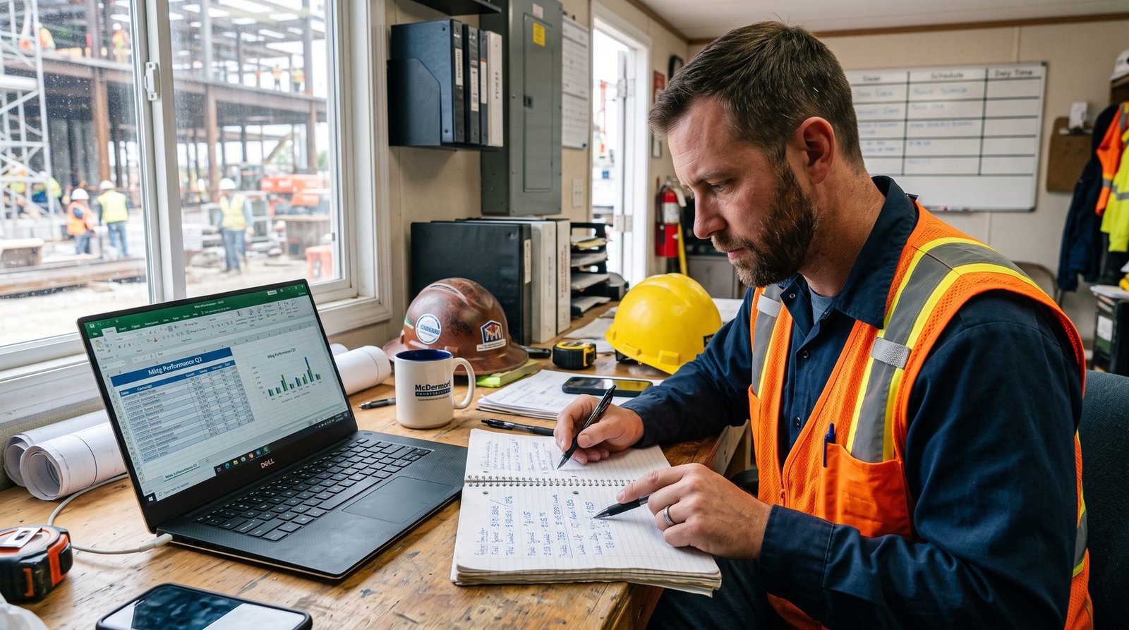 Contractor reviewing cost per lead numbers in a notebook