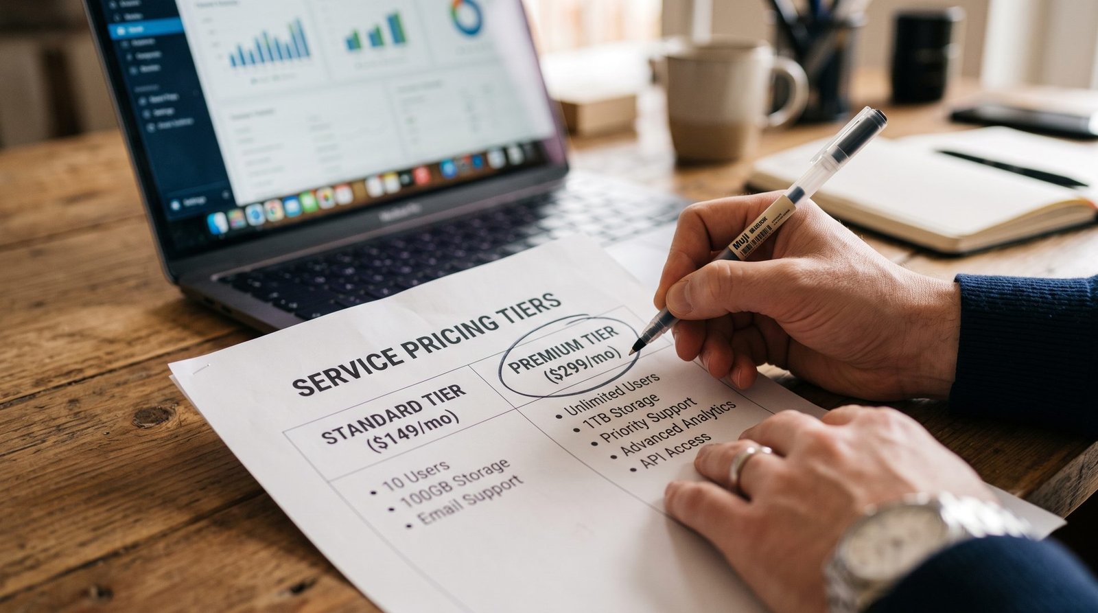 SEO pricing tiers comparison document with monthly cost ranges