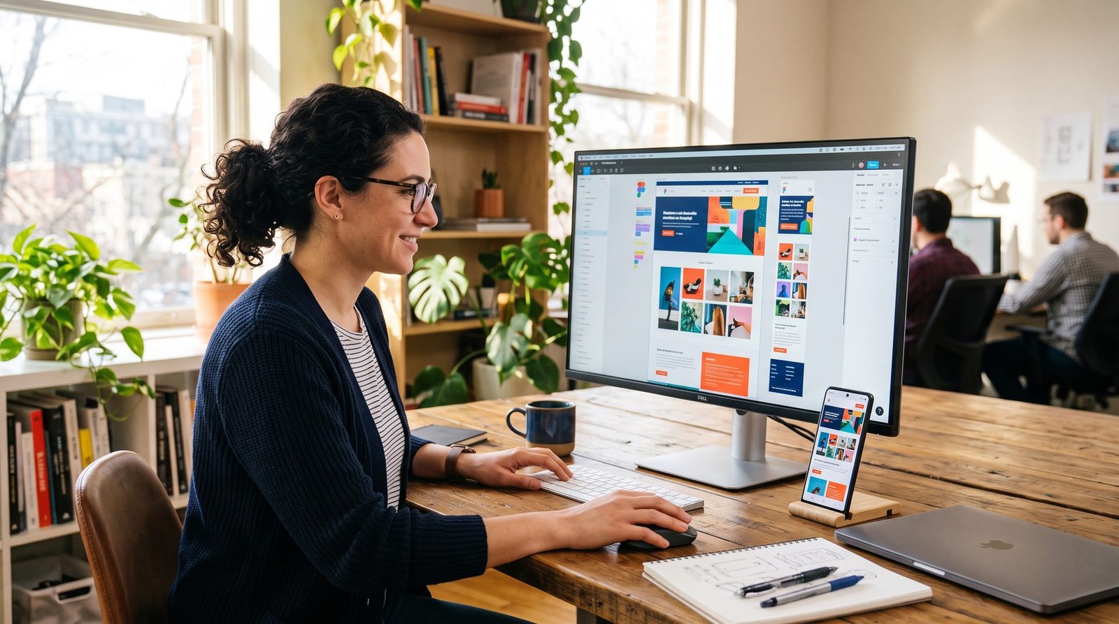 Web designer building a modern mobile-friendly website with smartphone preview