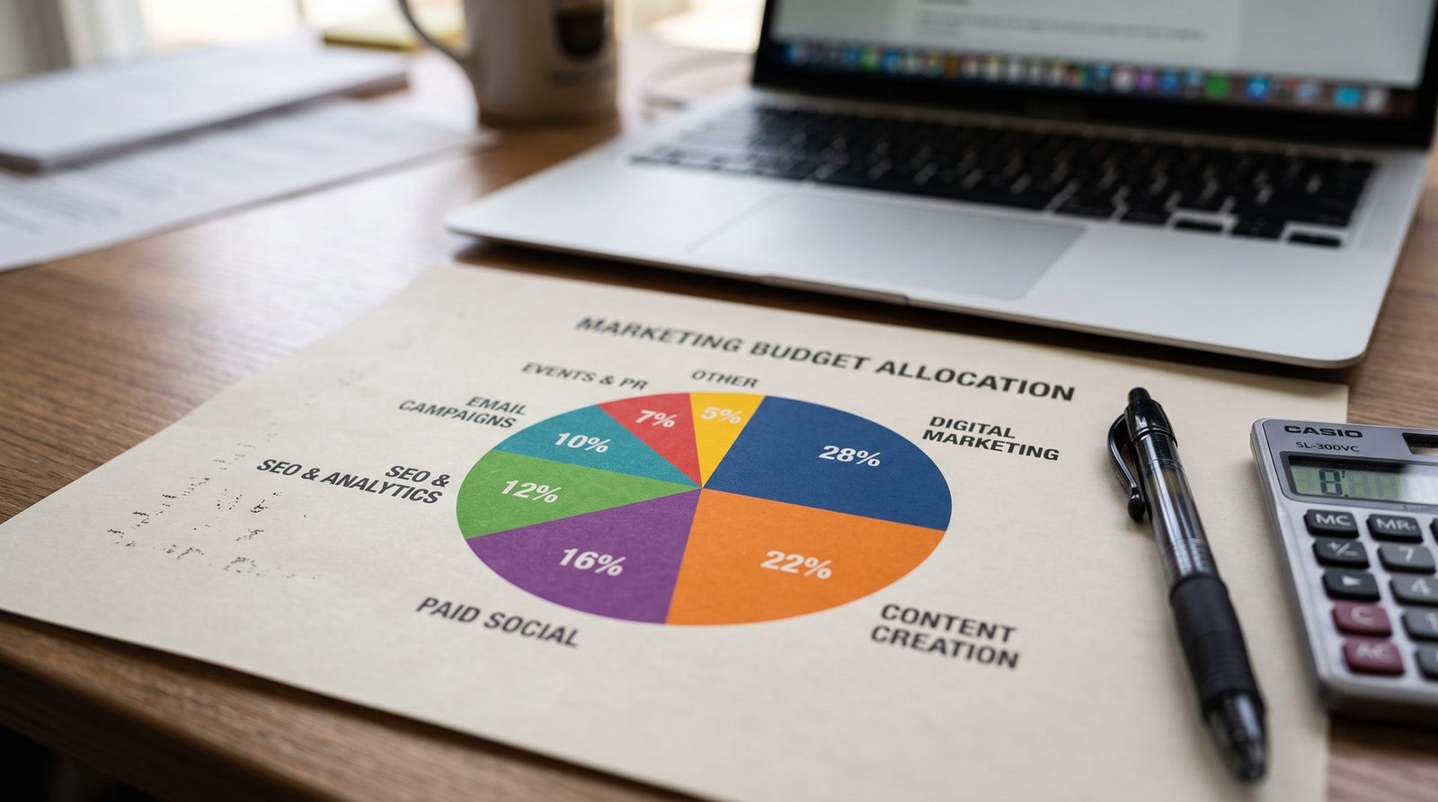 Marketing budget allocation pie chart with laptop and financial documents