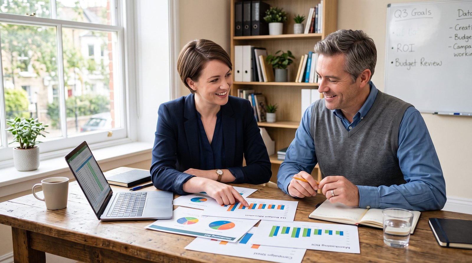 Business owner discussing marketing spend with an advisor