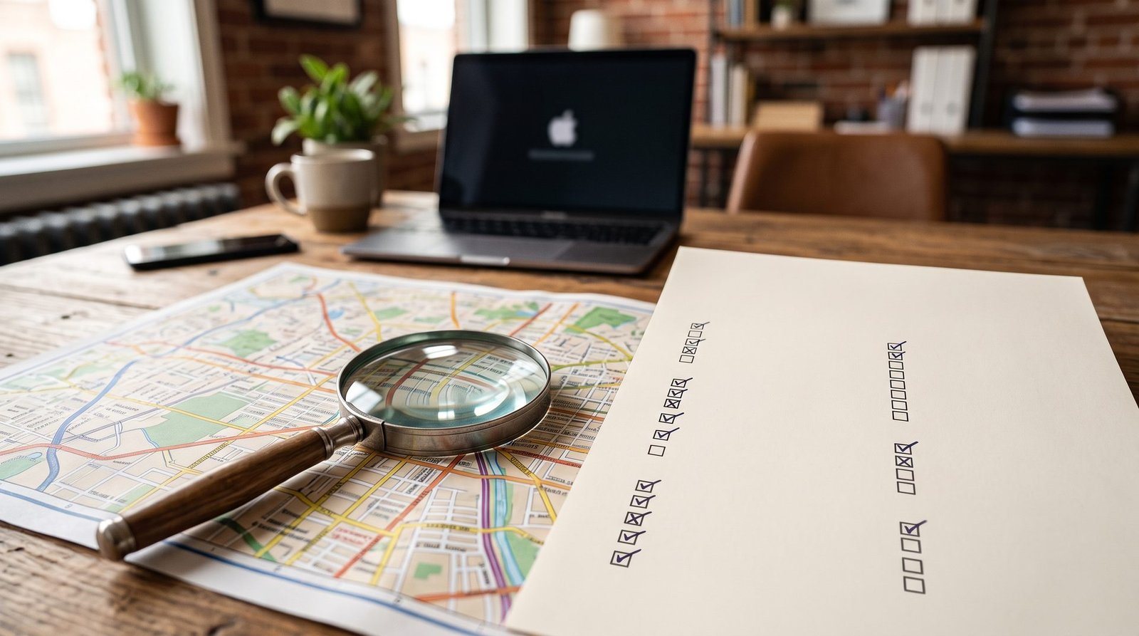Local SEO checklist with a city map and magnifying glass