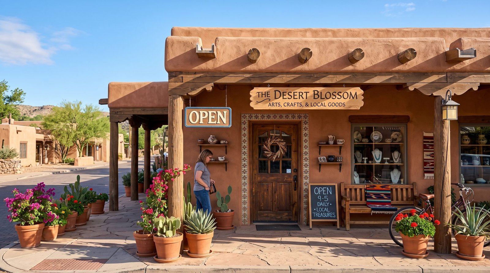 Small business storefront with an open sign in Albuquerque