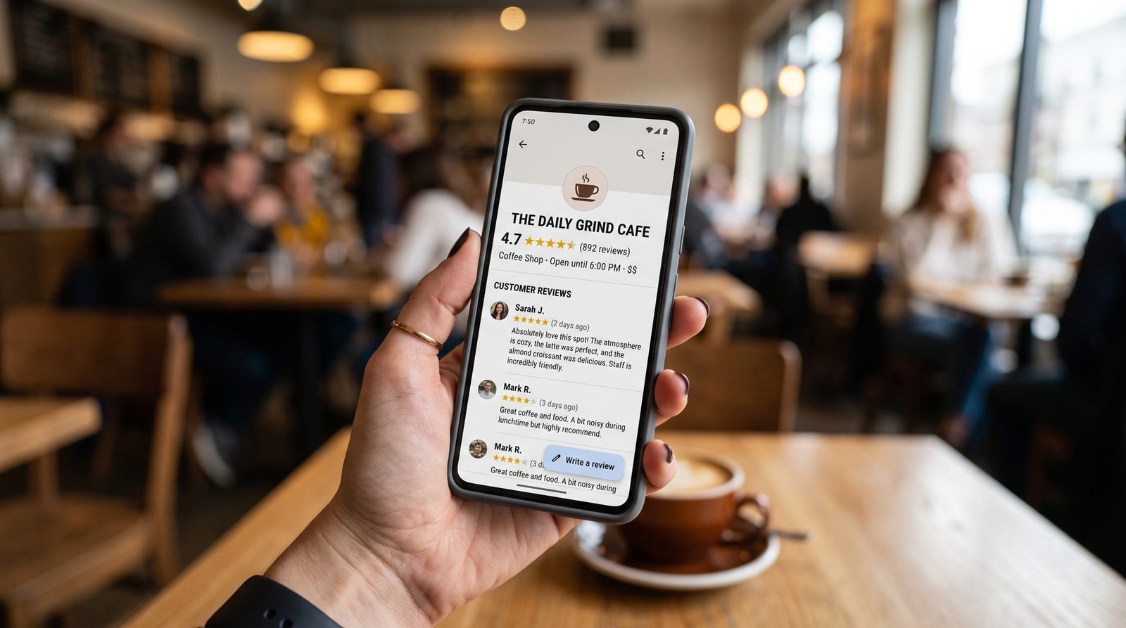 Google Business Profile with reviews open on a smartphone