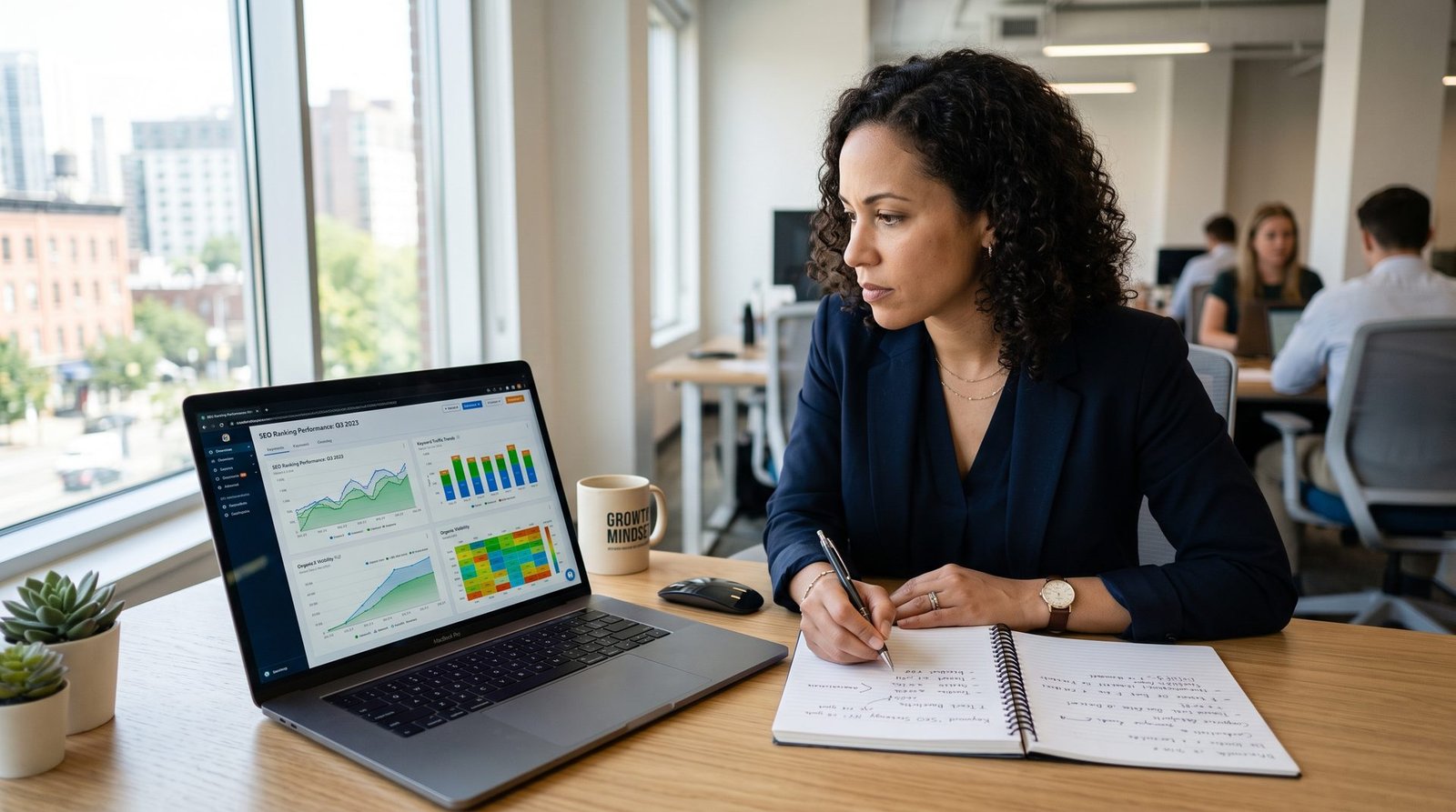 Business owner analyzing search ranking charts on a laptop