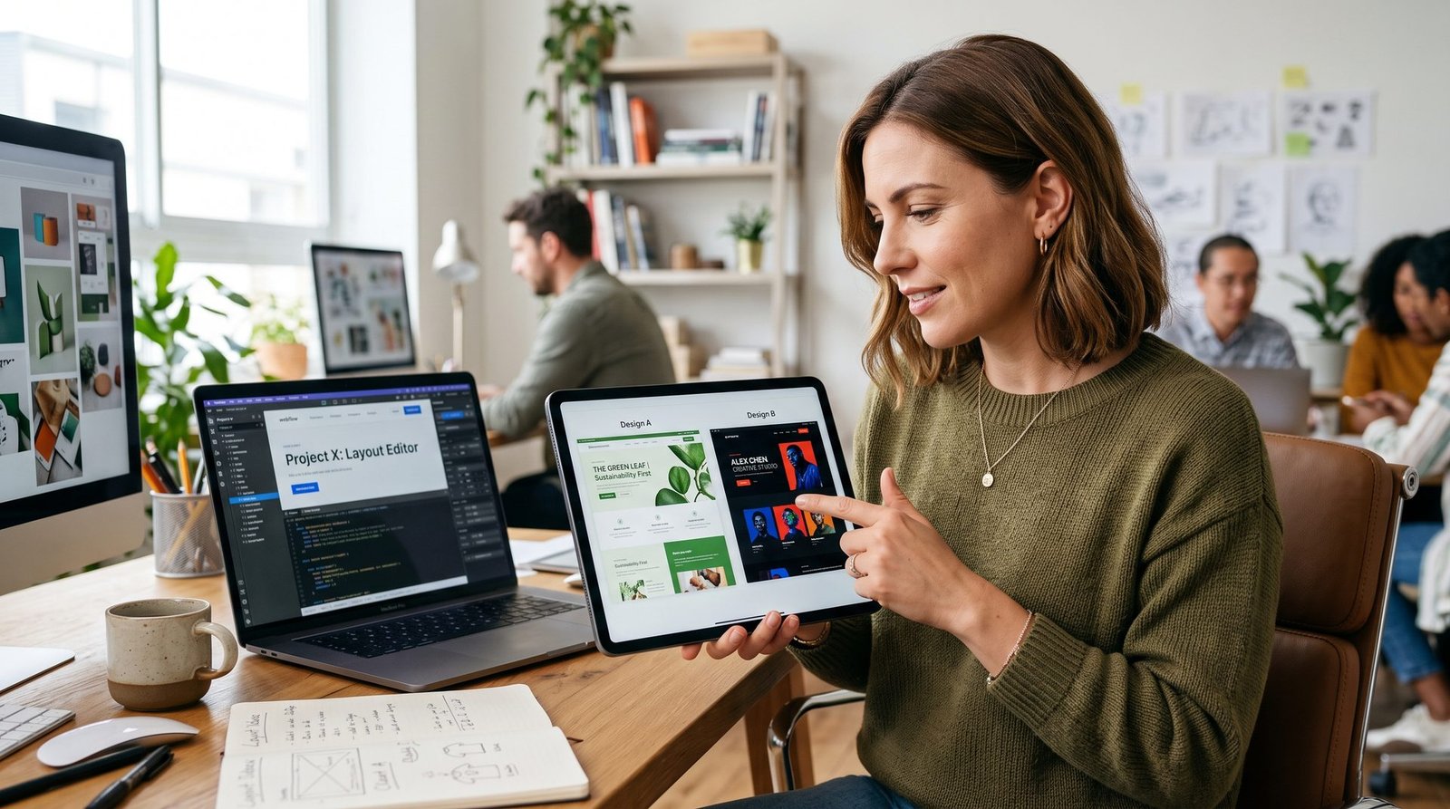 Person comparing website templates on a tablet